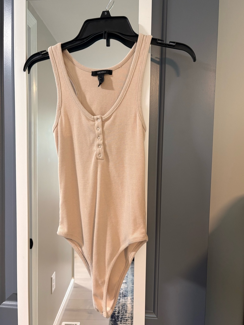 Forever 21 Cream Ribbed Tank Bodysuit with Button Henley